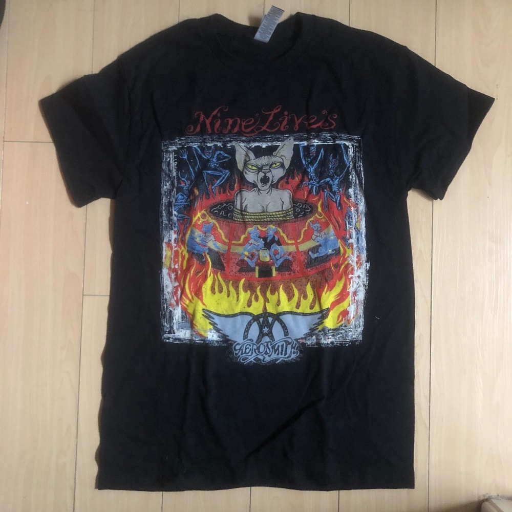 Vintage 90s Aerosmith Band T Shirt Black Graphic Nine Lives Tour Women’s Small